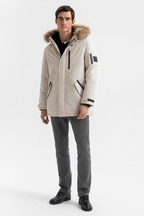 Пуховик с отделкой из натурального меха и водоотталкивающей обработкой, цвет Бежевый светлый